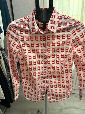 Women’s  Boden White Button-Up Shirt with Red Geometric Print